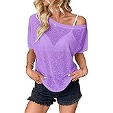 Hilinker Women's Sheer Off The Shoulder Tops See Through Sexy Short Sleeve Mesh Shirt Summer