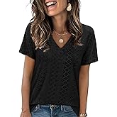 SAMPEEL Women's Eyelet Crossed V Neck Short Sleeve T-Shirt