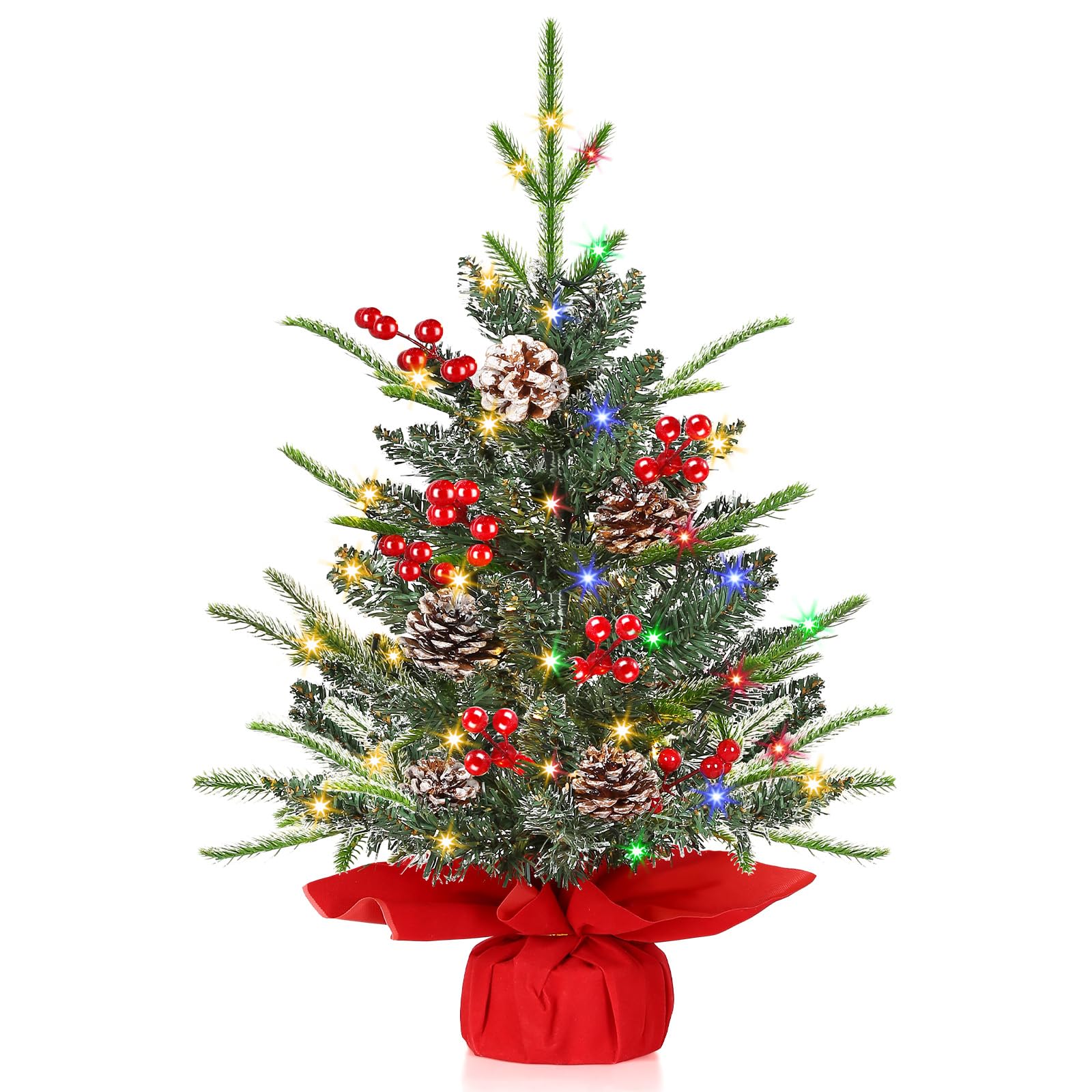 Photo 1 of [ 12 Modes & Timer] 24 Inch Realistic Tabletop Christmas Tree Small Christmas Tree with 50 Warm White&Colored Lights Battery Red Berries Pine Cone Burlap Base Indoor Home Table Christmas Decorations
