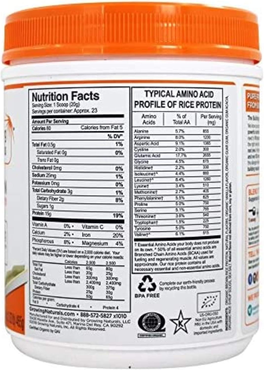 Growing Naturals Rice Protein Isolate Powder, Vanilla Blast, 465-Gram: Health & Personal Care