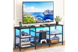 YGEOMER TV Stand for 55 Inch TVs, Entertainment Center with Movable Shelf Panels, Power Outlet and LED Lights Open Storage Shelves, TV Media Console Table for Living Room and Bedroom, Black
