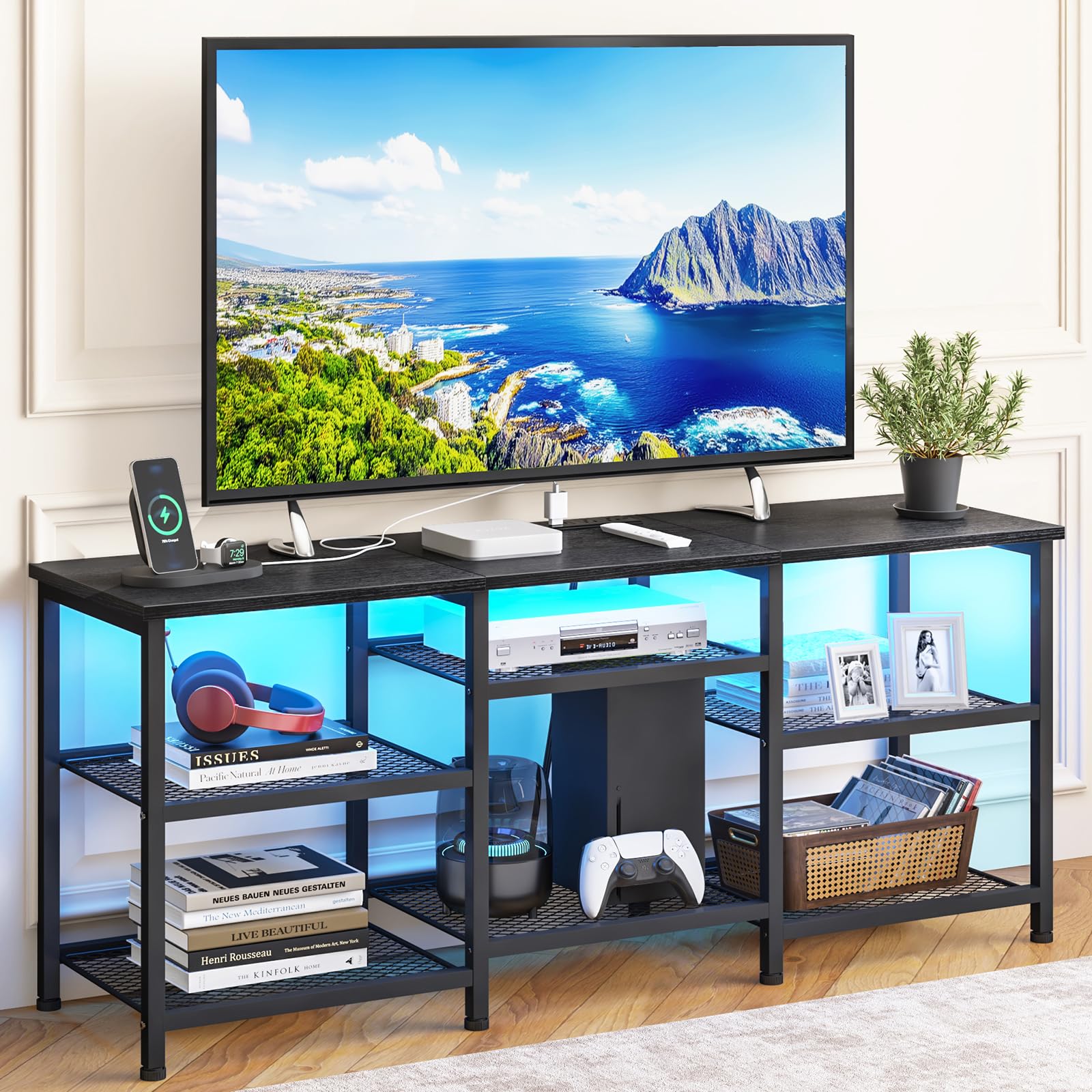 YGEOMER TV Stand for TVs Up to 55 Inches, Entertainment Center with Power Outlet and LED Lights Open Storage Shelves, TV Media Console Table for Living Room and Bedroom, Black