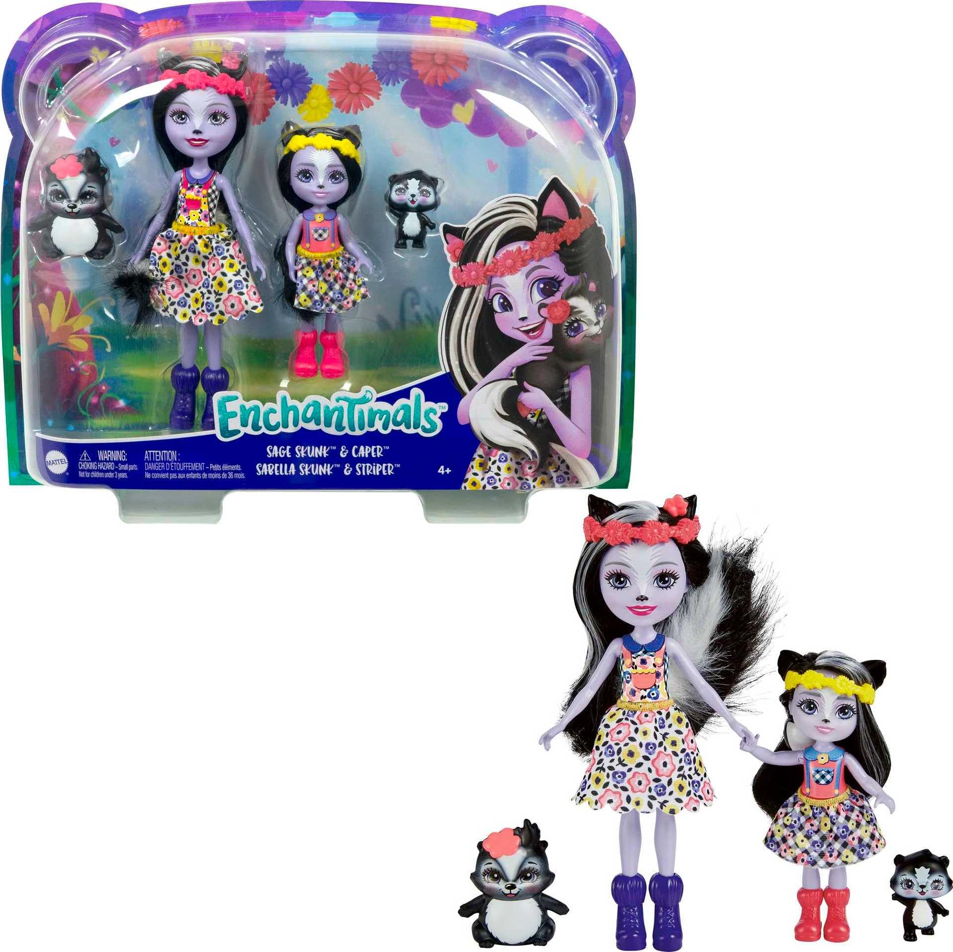 Enchantimals HCF82 - Sage Skunk and Little Sister (approx. 15 cm and approx. 4 cm) and 2 Animal Figures, Removable Skirt and Accessories, Great Gift for Children from 3 Years