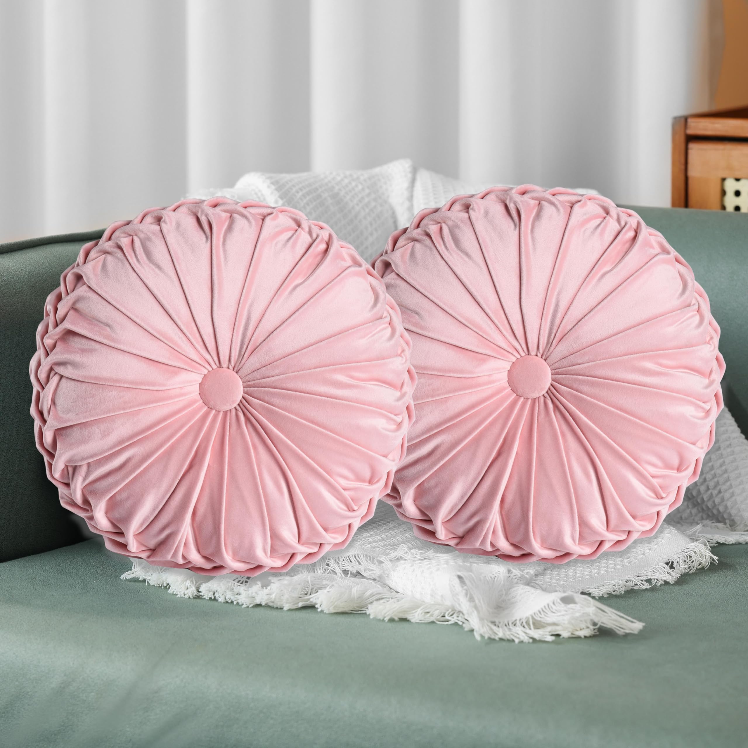 Photo 1 of HIG Set of 2 Pink Ruched Velvet Round Throw Pillows – 14.5’’ Decorative Pillows with Soft Polyester Filling for Couch, Bed, Living Room, Bedroom, or Dorm – Handmade, Stress Relieving, All-Season