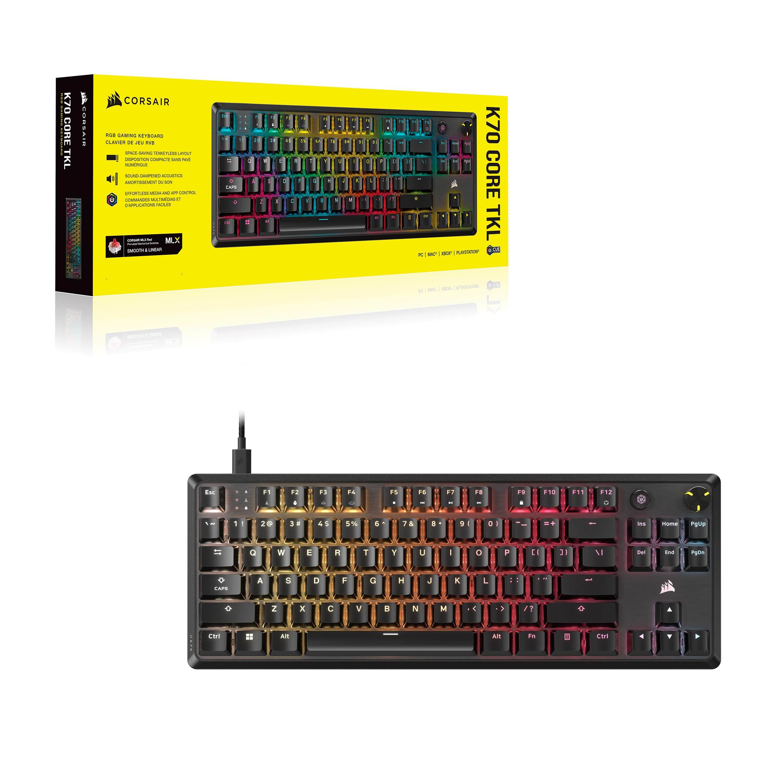 Corsair K70 CORE TKL RGB Tenkeyless Mechanical Wired Gaming Keyboard – Pre-Lubed MLX Red v2 Linear Switches, SOCD, ABS Double-Shot Keycaps, Sound Dampening, 1000Hz Polling, QWERTY NA – Black