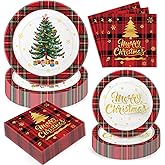 LINHAXM Merry Christmas Plates and Napkins Set, Tree Red Plaid Disposable Paper Dinner Plates, Dessert Plates, Napkins, Serves 50 Guests for Merry Christmas Party Decorations