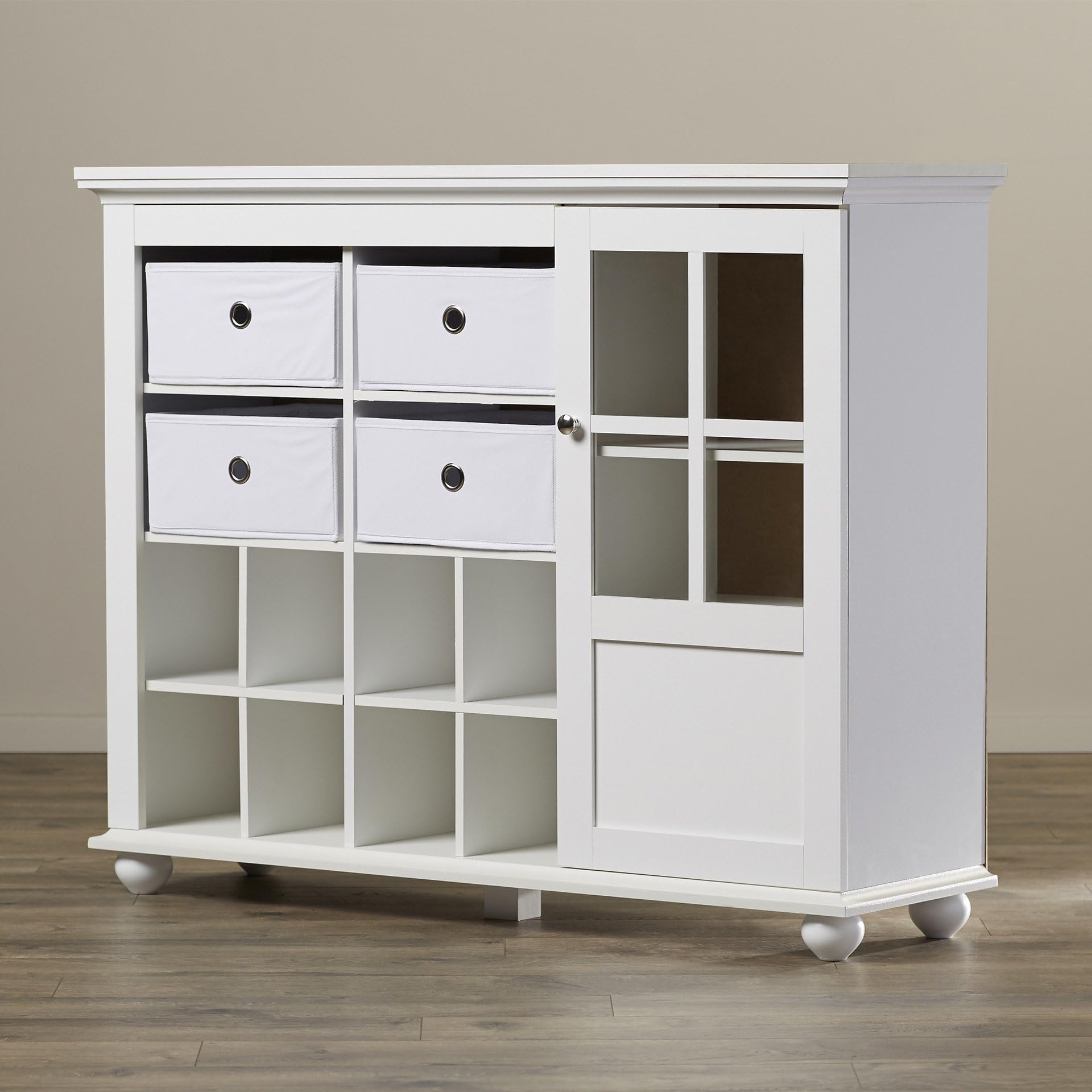 White Cubicle Storage Cabinet with Glass Doors - 4 Wicker Baskets Chest Organizer - Adjustable Shoe Shelf Cabinet - Home Livingroom Kitchen Storage Furniture