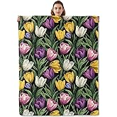 Kibue Colorful Tulip Floral Blanket, Soft & Warm Flannel Throw - Cozy Plush Lightweight Blankets for Travel, Decor, Bedroom, Office for Adults Kids - Ideal for All Seasons 60"×50"