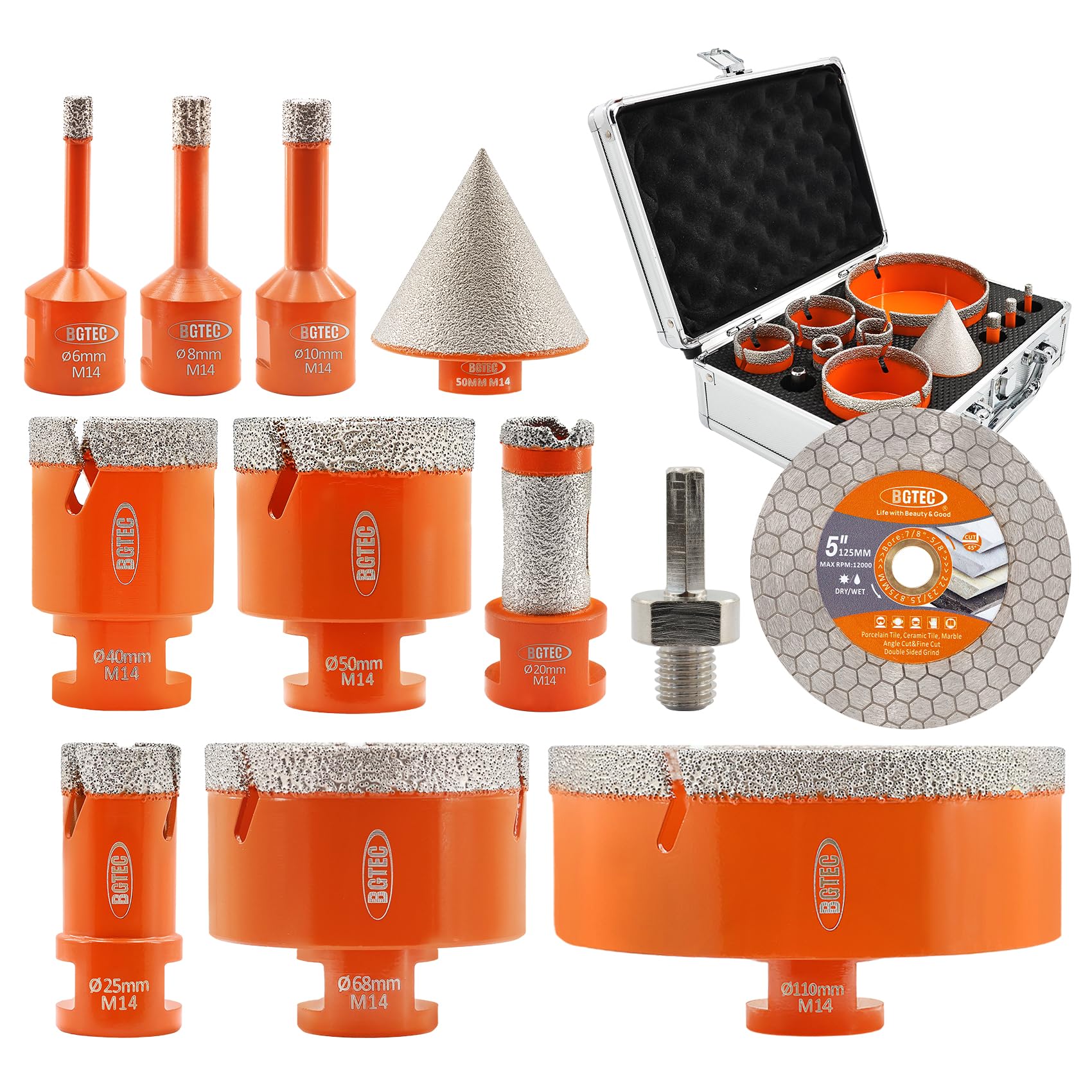 BGTEC Core Drill Bit Set - 11pcs 6/8/10/25/40/50/68/110MM Diamond Hole Saw + 20MM Finger + 35MM Chamfer + 125MM Diamond Cutting Dics for Porcelain Ceramic Tile Granite Marble Granite