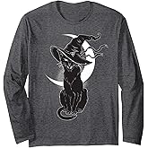 Vintage Scary Halloween Black Cat Costume Witch Hat & Moon Long Sleeve T-Shirt