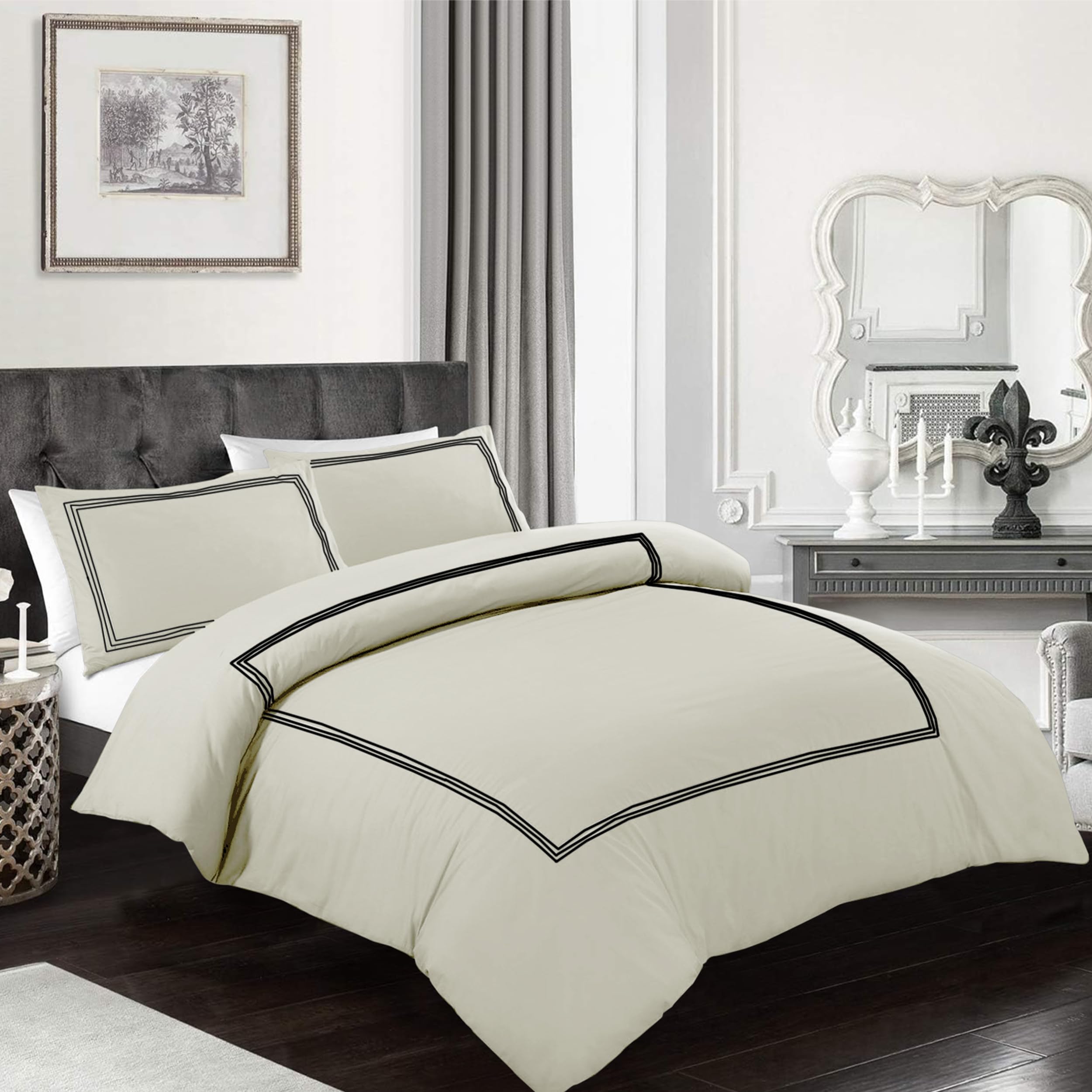 My home store Embroidered Duvet Cover Hotel Quality 200TC Bedding Set Soft Breathable 100% Poly Cotton Quilt Cover with Pillowcases (Bratta Stitch Cream/Black, King)