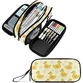 Fustylead Cute Cartoon Yellow Duck and Polka Dots Pencil Pen Case with 3 Compartments, Lightweight & Spacious Stationery Bag Cosmetics Bag