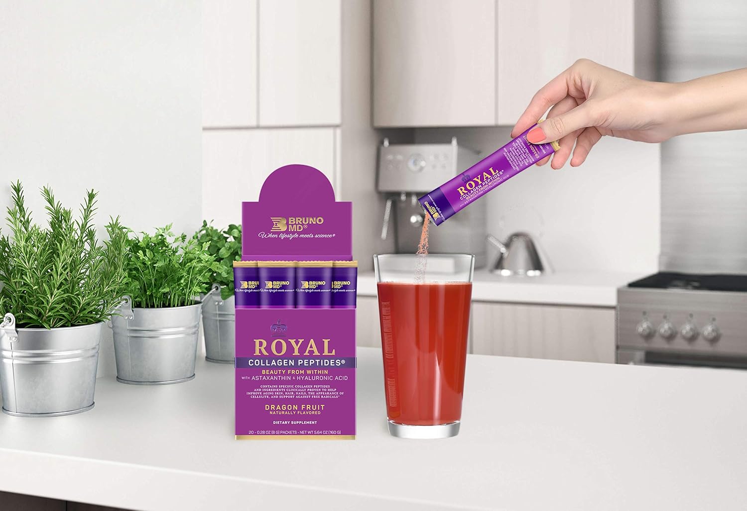 Bruno MD Royal Collagen Peptides - Beauty from Within, Clinically Proven, Dietary Supplement, Improves Skin & The Look of Hair, Nails & Cellulite,Blended with Vitamin C (Dragon Fruit): Health & Personal Care