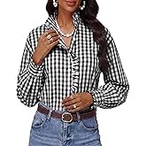 Simlakey Womens Plaid Ruffle Collar V Neck Button Down Blouse Long Sleeve Gingham Shirts Retro Casual Work Checkered Tops