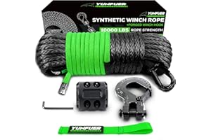 YUNFUER Synthetic Winch Rope Cable Kit, 1/4" x 50ft 10000LBS Black Winch Rope with Protective Sleeve, Forged Winch Hook, Rubber Stopper and Safety Pull Strap for ATV UTV