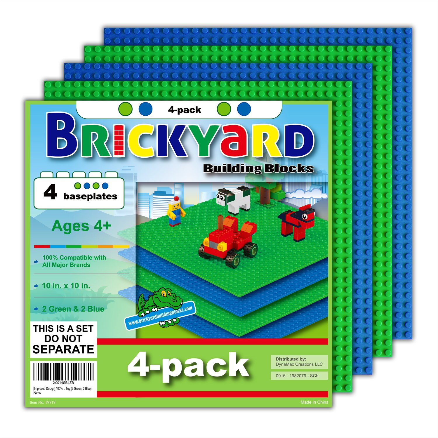 Photo 1 of Brickyard Building Blocks Lego Compatible Baseplate - Pack of 4 Large 10 x 10 Inch Base Plates for Toy Bricks, STEM Activities & Display Table - Green, Blue