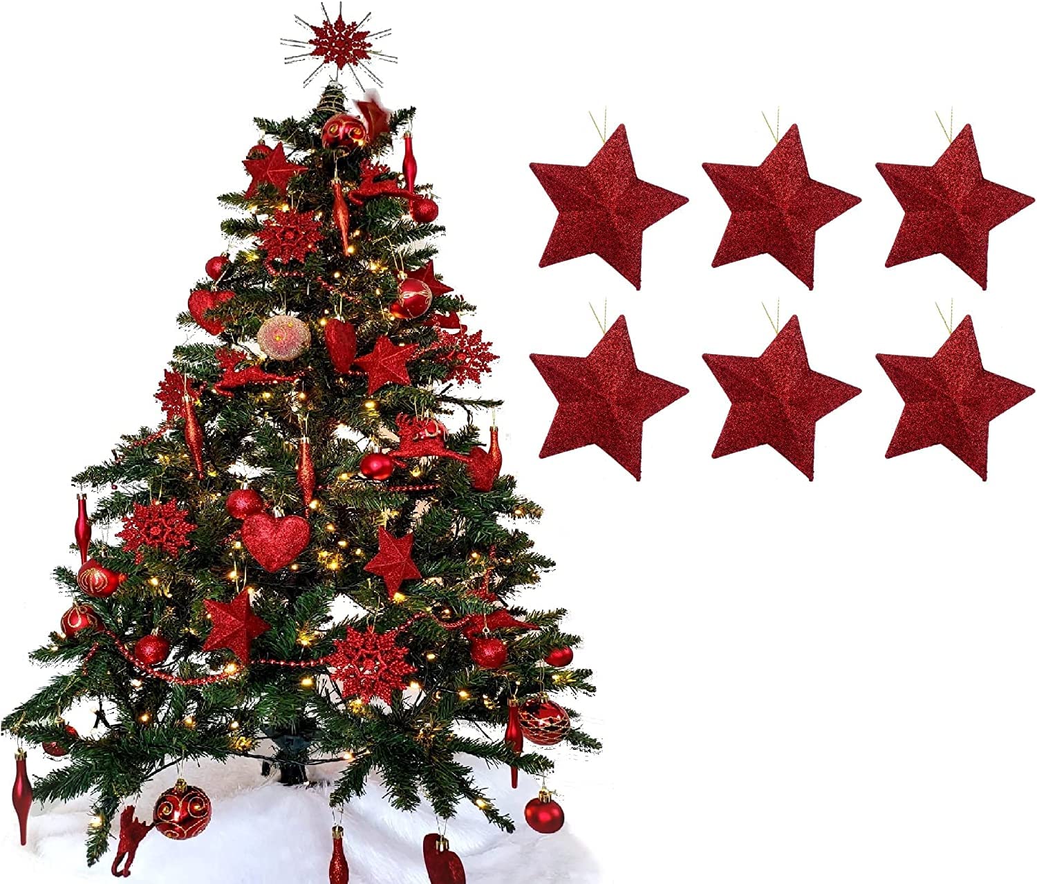 UKDeals Direct® RED COLLECTION CHRISTMAS DROPLET BAUBLES TREE DECORATIONS GLITTER MATT ICICLES (Pack of 6 3D STAR)