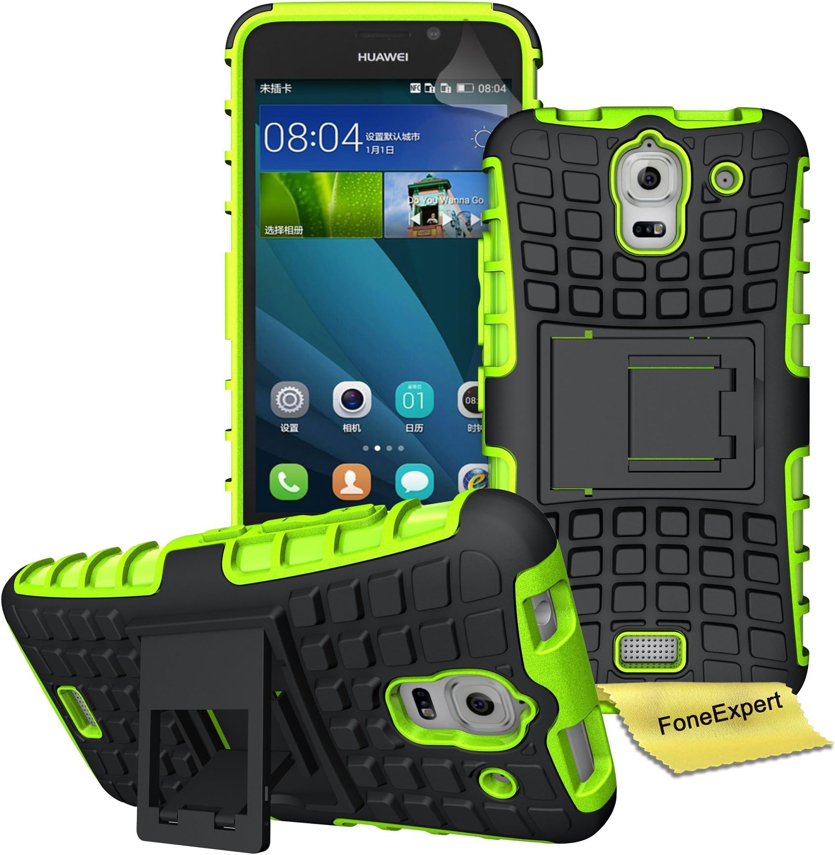 Huawei Y360 / Huawei Y3 Case, FoneExpert® Heavy Duty ShockProof Rugged Impact Armor Hybrid Kickstand Protective Bag Cover Case For Huawei Y360 / Huawei Y3 + Screen Protector & Cloth (Green)