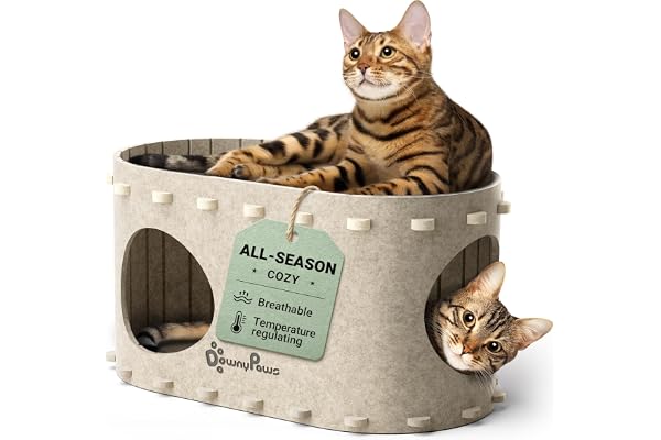 DownyPaws Cat House Indoor, Scratch Resistant Cat Cave, Cat Bed for Large Cats, Pet House for Multiple Cats Up to 10kg, Cream