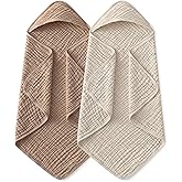Yoofoss Hooded Baby Towels for Newborn 2 Pack 100% Muslin Organic Cotton Baby Bath Towel with Hood for Babies, Infant, Toddler and Kids, 32x32Inch, Soft and Absorbent Newborn Essential, Beige&Coffee