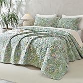 Lady Ann Oversized King Bedspreads 128x120 for Extra Bed, Green Flower Bird Butterfly Print Botanical Bedding, Lightweight 100% Cotton Quilted Coverlet Set with Pillow Shams for All Season, 3 PCS