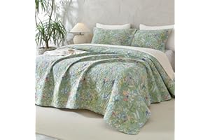 Lady Ann Oversized King Bedspreads 128x120 for Extra Bed, Green Flower Bird Butterfly Print Botanical Bedding, Lightweight 100% Cotton Quilted Coverlet Set with Pillow Shams for All Season, 3 PCS