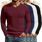 August Alley 4 Pack Men's Big and Tall Long Sleeve Thermal T-Shirt, Cotton Slim Fit V Neck Ribbed Underwear Base Layer Top