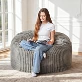 HABUTWAY 3FT Bean Bag Chair, 3' Large Bean Bag Chairs for Adults with Stripe Plush Cover, Memory Foam Beanbag Chair for Living Room Bedroom Dorm，Grey
