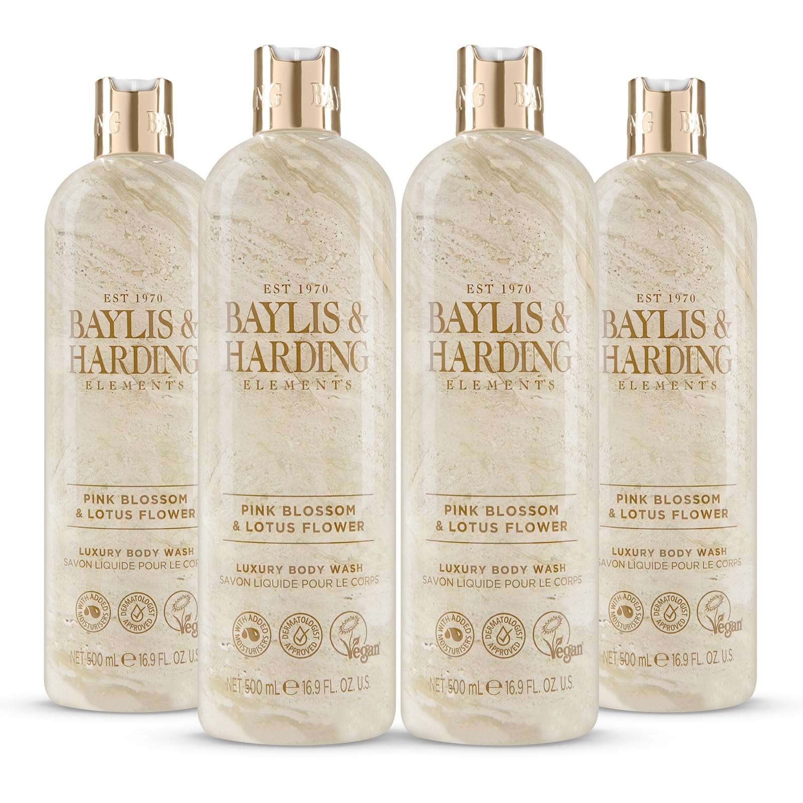 Baylis & Harding Elements Pink Blossom & Lotus Flower Luxury Body Wash, 500 ml (Pack of 4) - Vegan Friendly