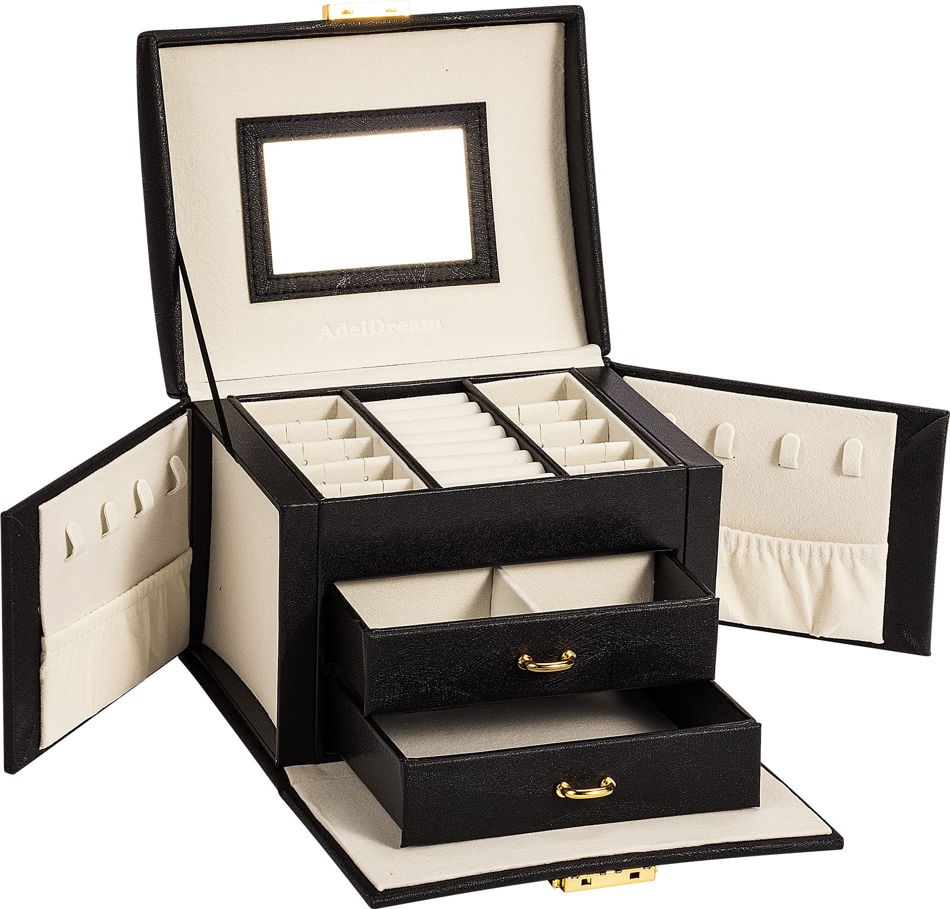 ADEL DREAM Jewelry Box With Lock And Mirror With A Lot Of Storage Space For Home And To Go Bread For Women, Pan Silk Black, 17.2X13.7X12Cm