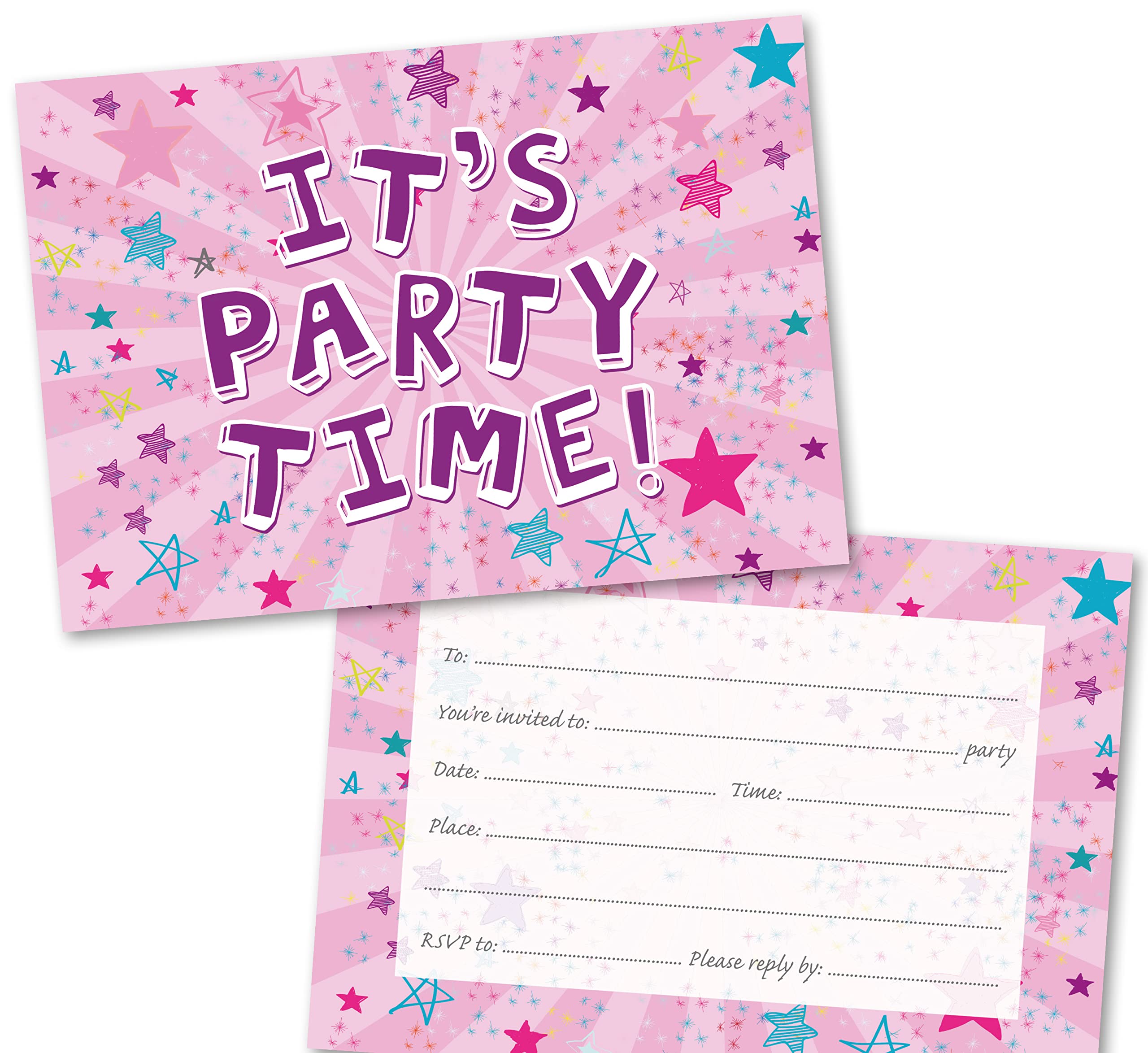 Party Invitations Pack of 36. Pink Starburst Themed Invitation with Matching envelopes. 120 x 172mm. Party Invites, Birthday Party Invitations. Suitable for All Ages.