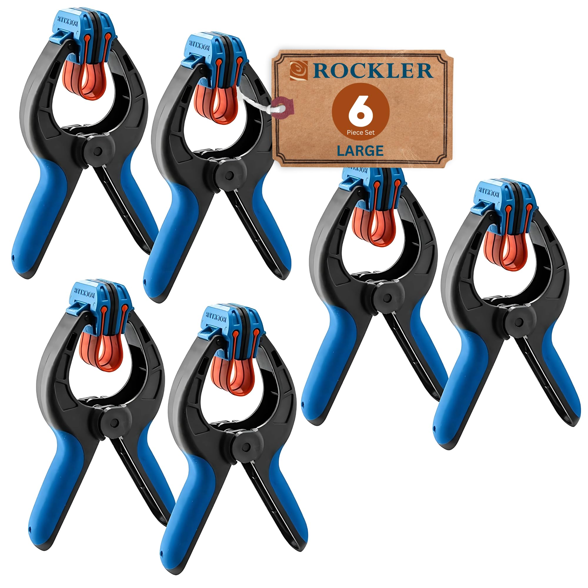 Abrazaderas de resorte grandes Rockler (paquete de 3) – Abrazaderas bandy para carpintería fáciles de apretar para material más delgado y molduras delicadas – Operación con una sola mano Abrazaderas grandes – Abrazaderas manuales de nailon fáciles de agar