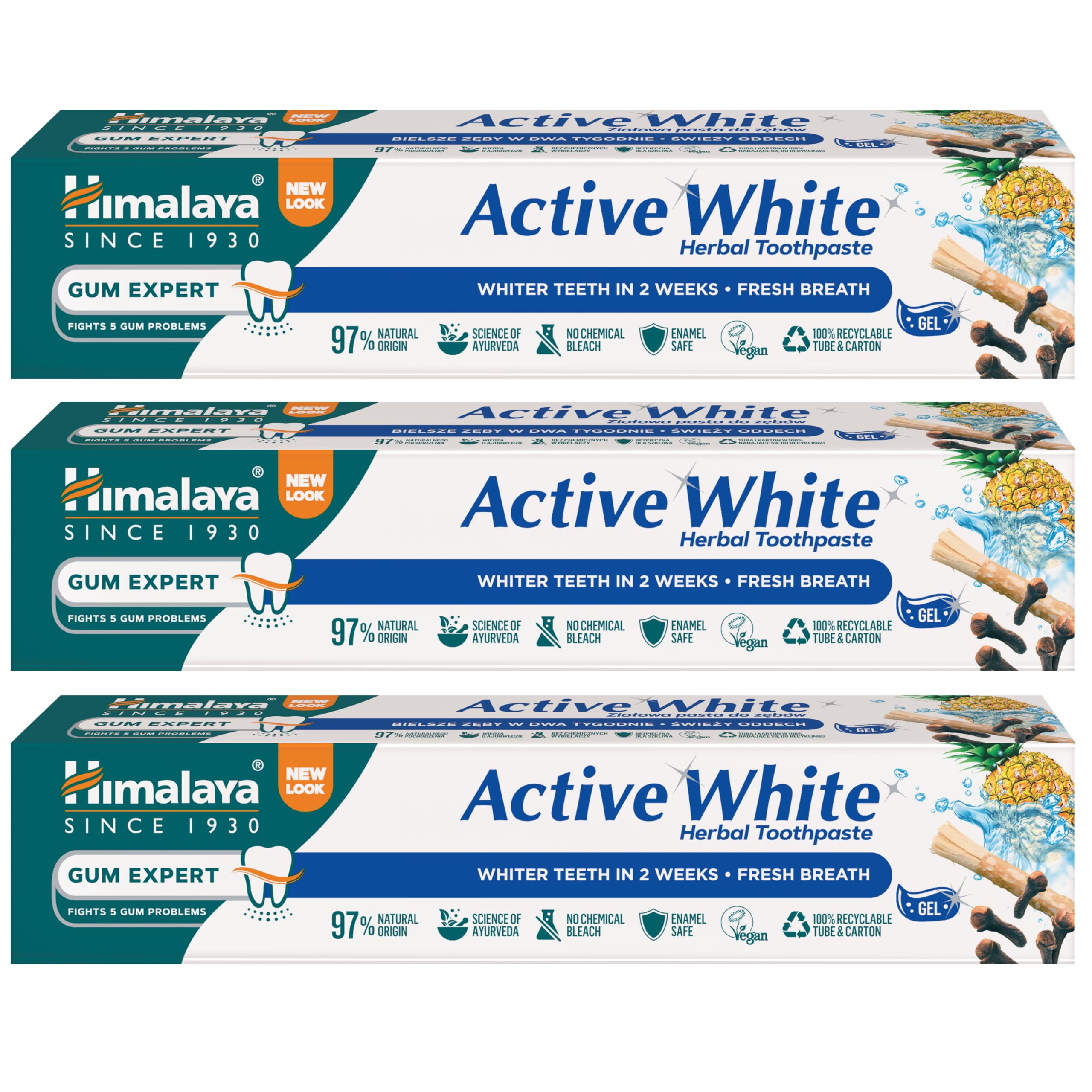 Himalaya Active White Gel | Herbal Toothpaste with Fruit enzymes |Teeth whitening |Anti Bacterial |Paraben and Bleach Free|100% vegetarian-75ml (Pack of 3)