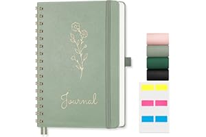 EMSHOI Spiral Notebook College Ruled, A5 Small Hardcover Leather, 140 Numbered Pages, 100 GSM Lined Journal for Women Men School Work Writing Journaling Note Taking, 5.7" x 8.22", Light Green