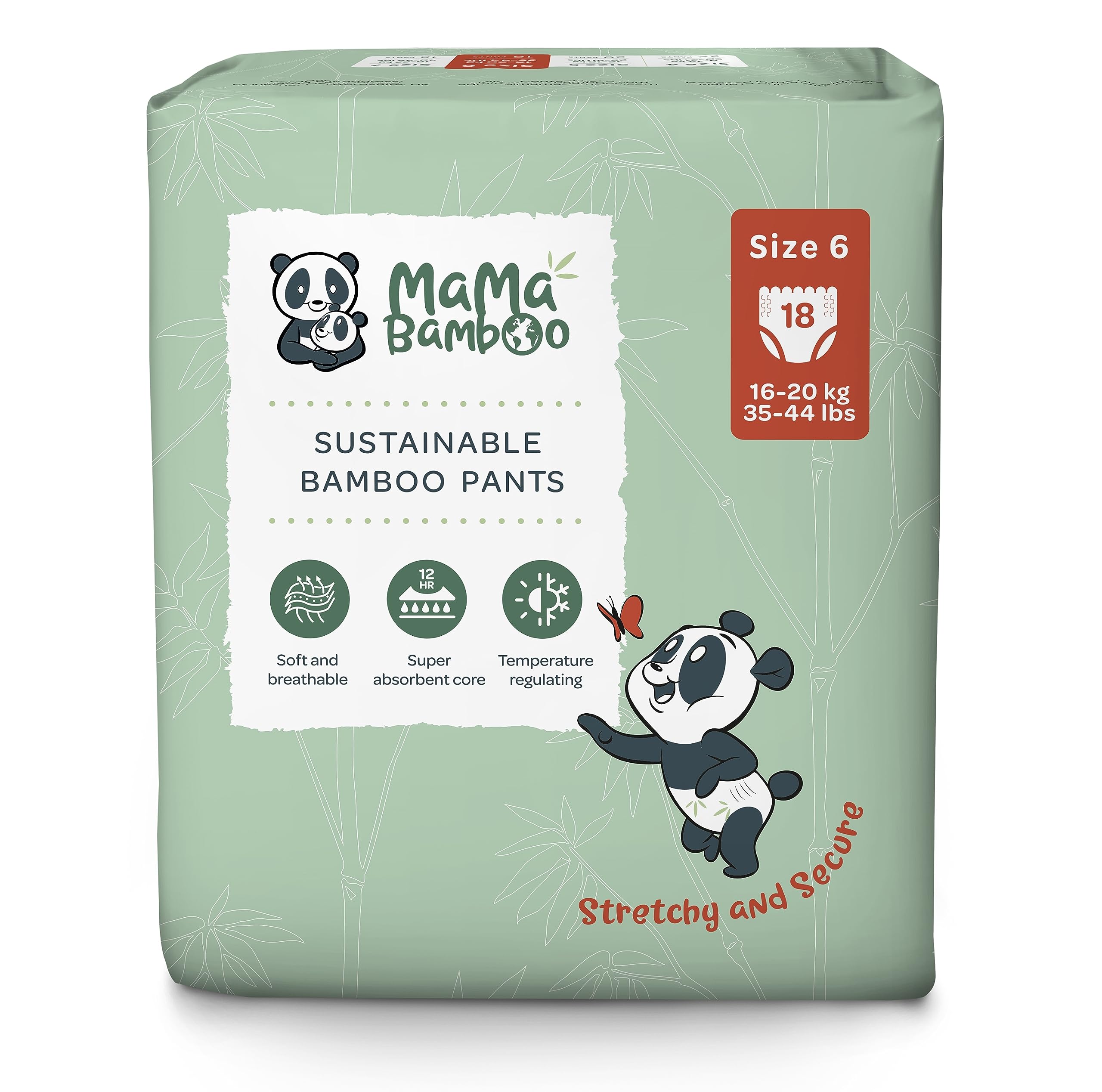 Mama Bamboo Soft Eco Sustainable Nappy Pants (Size 6) - Chlorine-Free Hypoallergenic (18 pcs per pack)