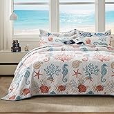 LEAONME Coastal Quilt Set King Size - Lightweight Microfiber Reversible Bedspread, 98''x106'', Coral, Includes 2 Shams