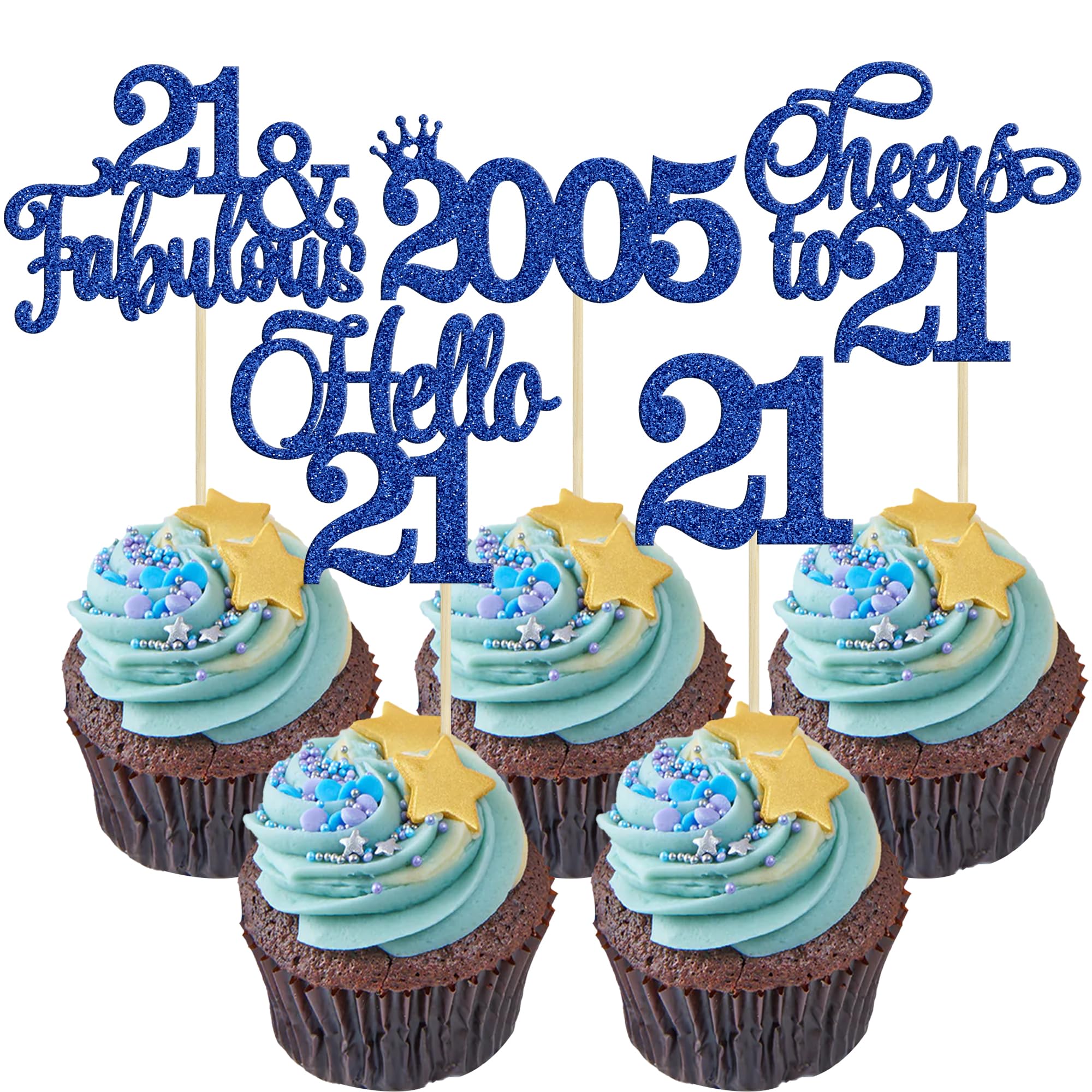 Gyufise 30Pcs 21st Birthday Cupcake Toppers Hello 21 Cupcake Picks 2005 Cake Toppers for Happy 21st Birthday Anniversary Party Cake Decorations Supplies Blue — image 1