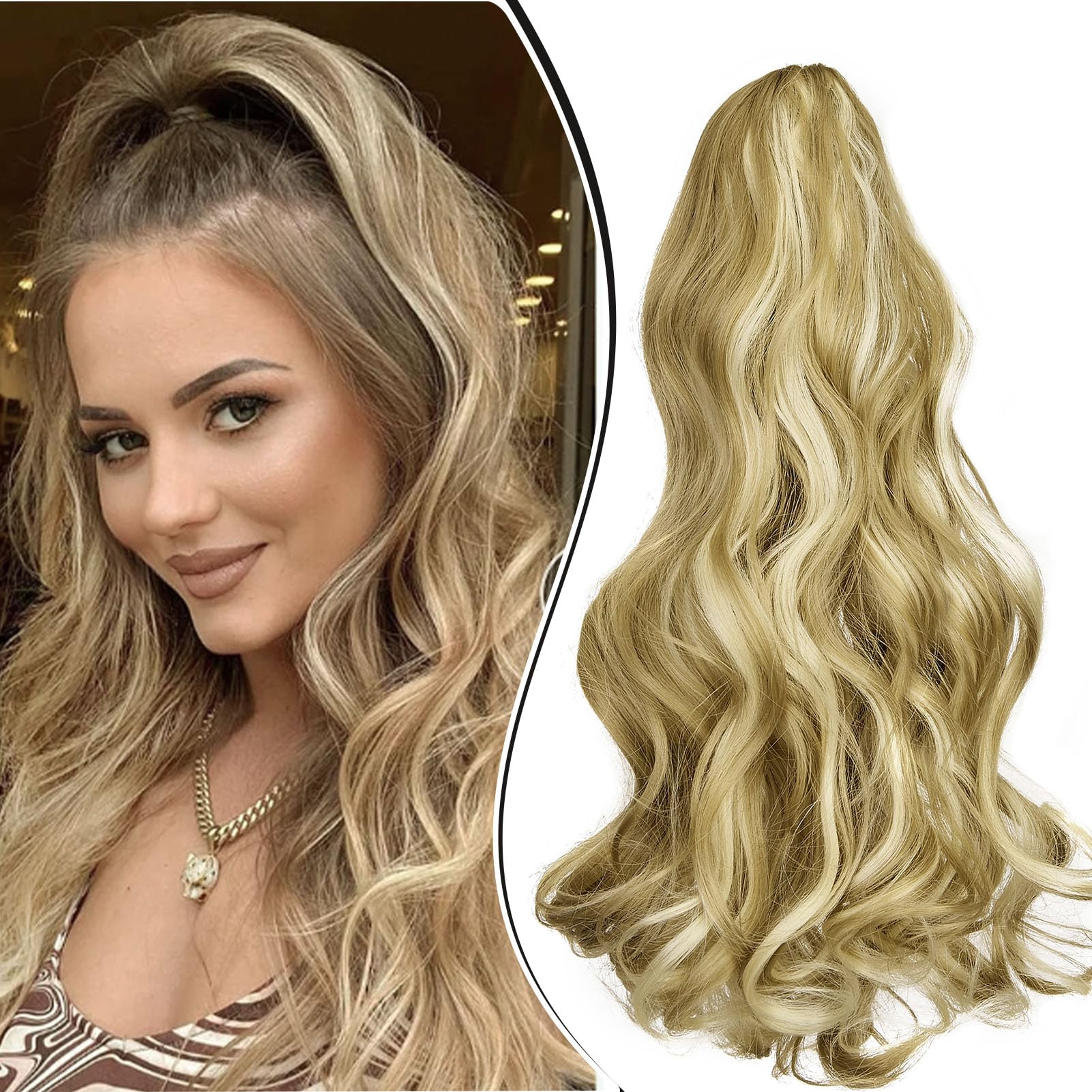 Dcbaboo 18inch Claw Clip in Ponytail Hair Extensions Long Wavy Ponytail Extension Curly Synthetic Pony tails Natural Wave One Piece Hairpiece Fake Ponytail for Women, Sandy Blonde/Bleach Blonde — image 1