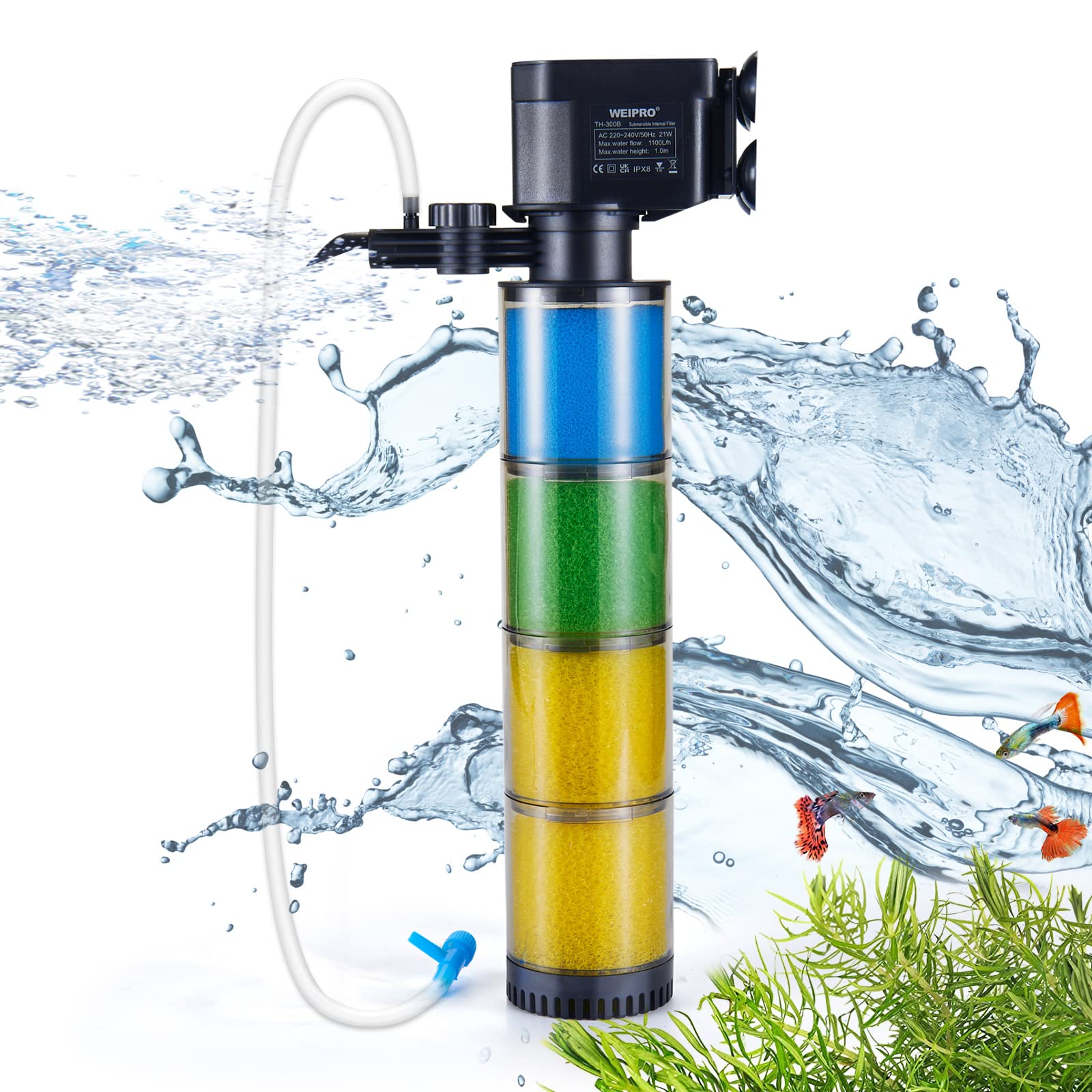 Weipro Internal Fish Tank Filter, 4-Stage Biochemical Sponge Filtration, 21W Adjustable Water Flow Submersible Aquarium Filter Pump for 150l ~ 300l Freshwater Saltwater Fish Tank, TH300B(1100L/H) — image 1