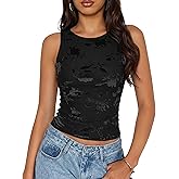 Womens Double Lined Tank Tops Floral Mesh Y2K Sleeveless Shirts Boat Neck Fitted Summer Clothes Going Out Outfits