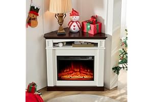 OKYCI Corner Electric Fireplace with Mantel, TV Stand with Storage & Bookshelves, Entertainment Center with Fireplace for Living Room, Modern Wave Design, White