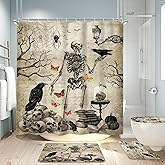 4Pcs Skull Gothic Spooky Scary Spider Bathroom Shower Curtain Set with Rugs | 71Wx71H Skeleton Halloween Horror Waterproof Hd Printed Shower Curtain,Plastic Hooks and Bath Mat,Toilet Lid Cover, U-Shaped