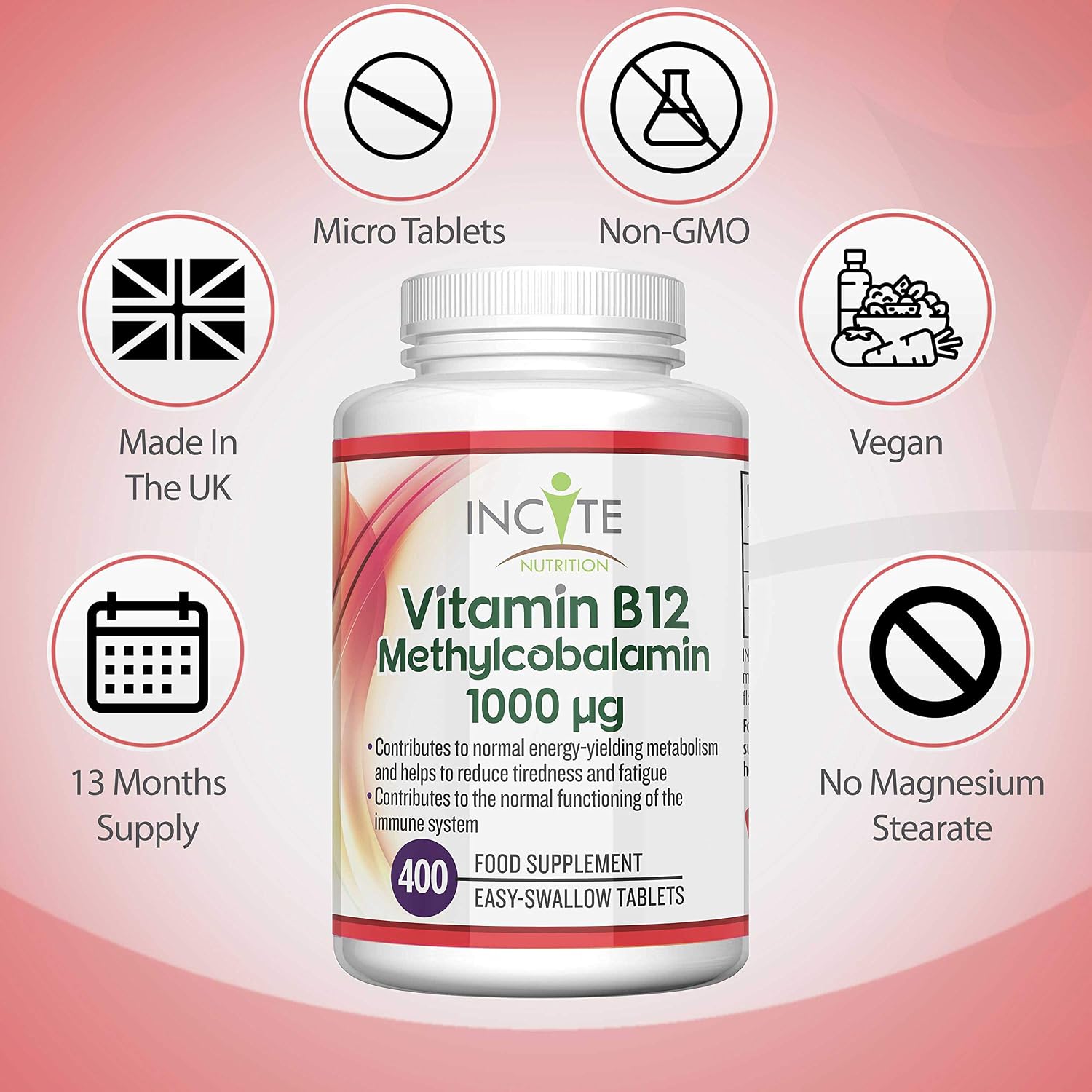Incite Nutrition Vitamin B12 Tablets 1000 mcg. +1 Year Supply of High Strength Methylcobalamin. Boost Energy and Support Nervous System. Easy to Swallow - Image 5
