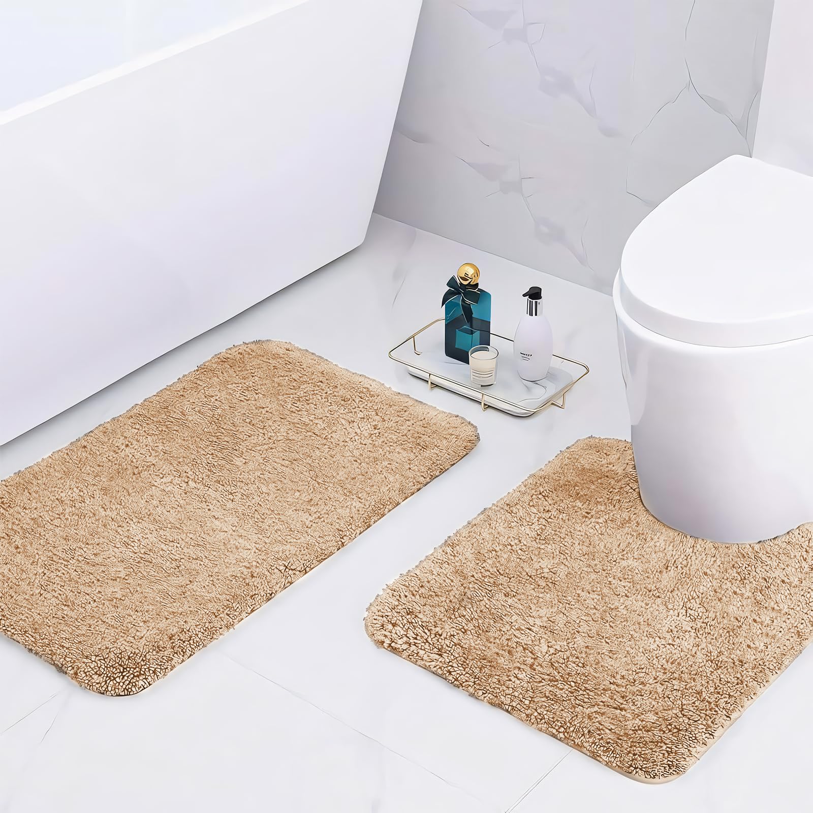 wyewye Microfibre Bath Mats, 2cm Super Thick Bath Rugs, Super Absorbent Bathroom Rugs 50x80cm and 50x50cm U-shape, Camel