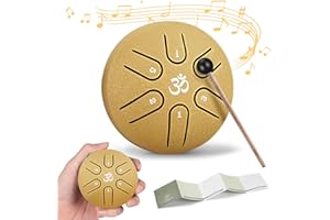 Sannofair Mini Rain Drum for Outside, Steel Tongue Drum 6 Notes 3 Inches Chakra Tank Drum, for Yoga Musical Education, with Drumsticks Drumstick Stand Tutorial Book Note Stickers Finger Cots(Gold)
