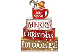 FAIROOTH 4 Pcs Christmas Wooden Tabletop Decorations Rustic Hot Cocoa Wood Block Sign Farmhouse Merry Christmas Table Centerpiece for Xmas Winter Holiday Home Kitchen Table Shelf Tiered Tray Decoration