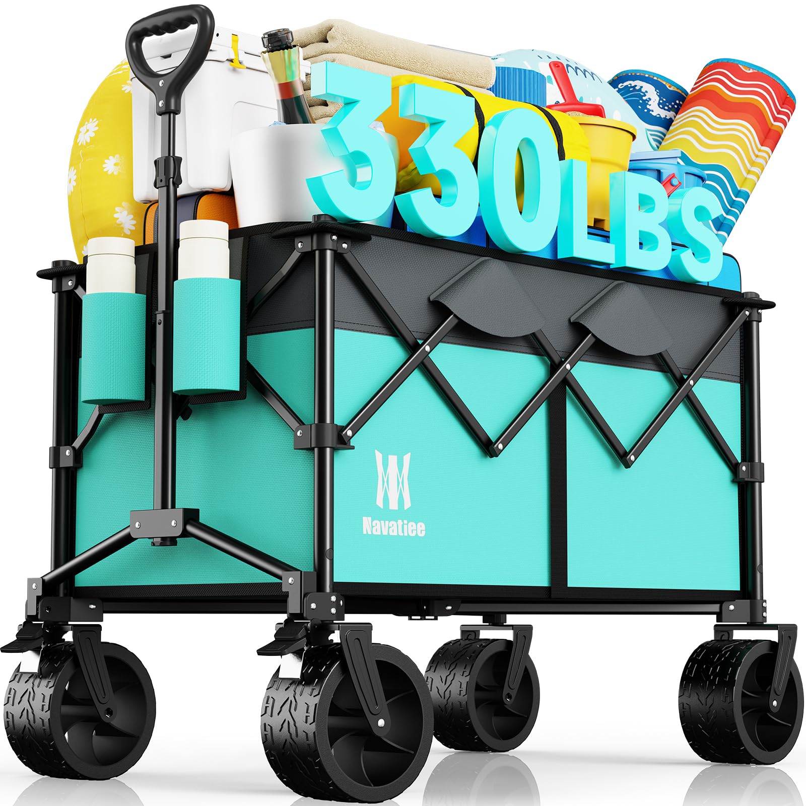 Navatiee Big Wheels Collapsible Wagon Cart Foldable, 330Lbs Heavy Duty Beach Wagon with 165L Large Capacity, Folding Utility Grocery Cart for Camping Garden Sports, Light Blue Image