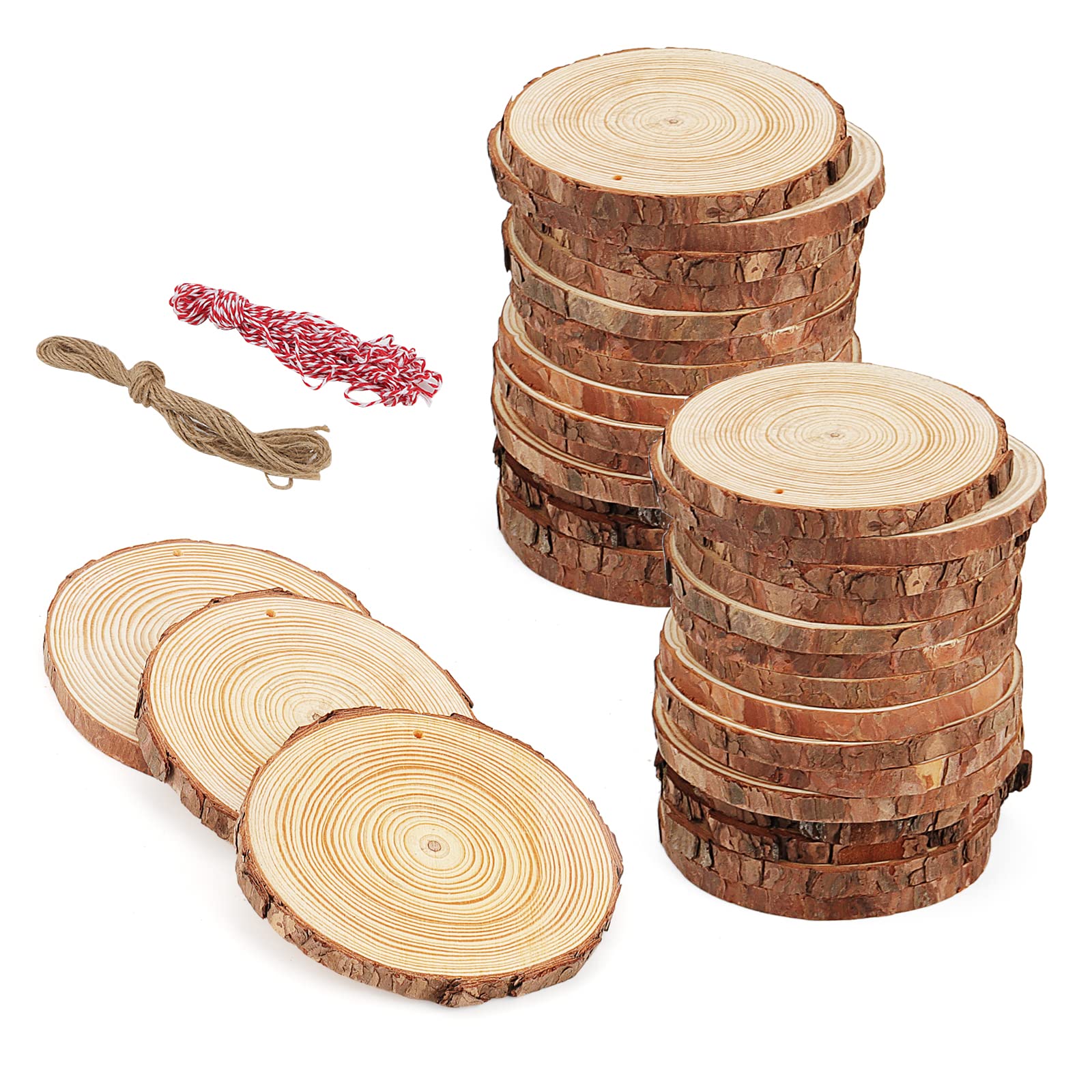 MANCHAP 30 PCS 12-13cm Drilled Hole Wood Log Slices, Unfinished Round Wood Discs Wooden Circles with String for DIY Crafts, Home Decorations