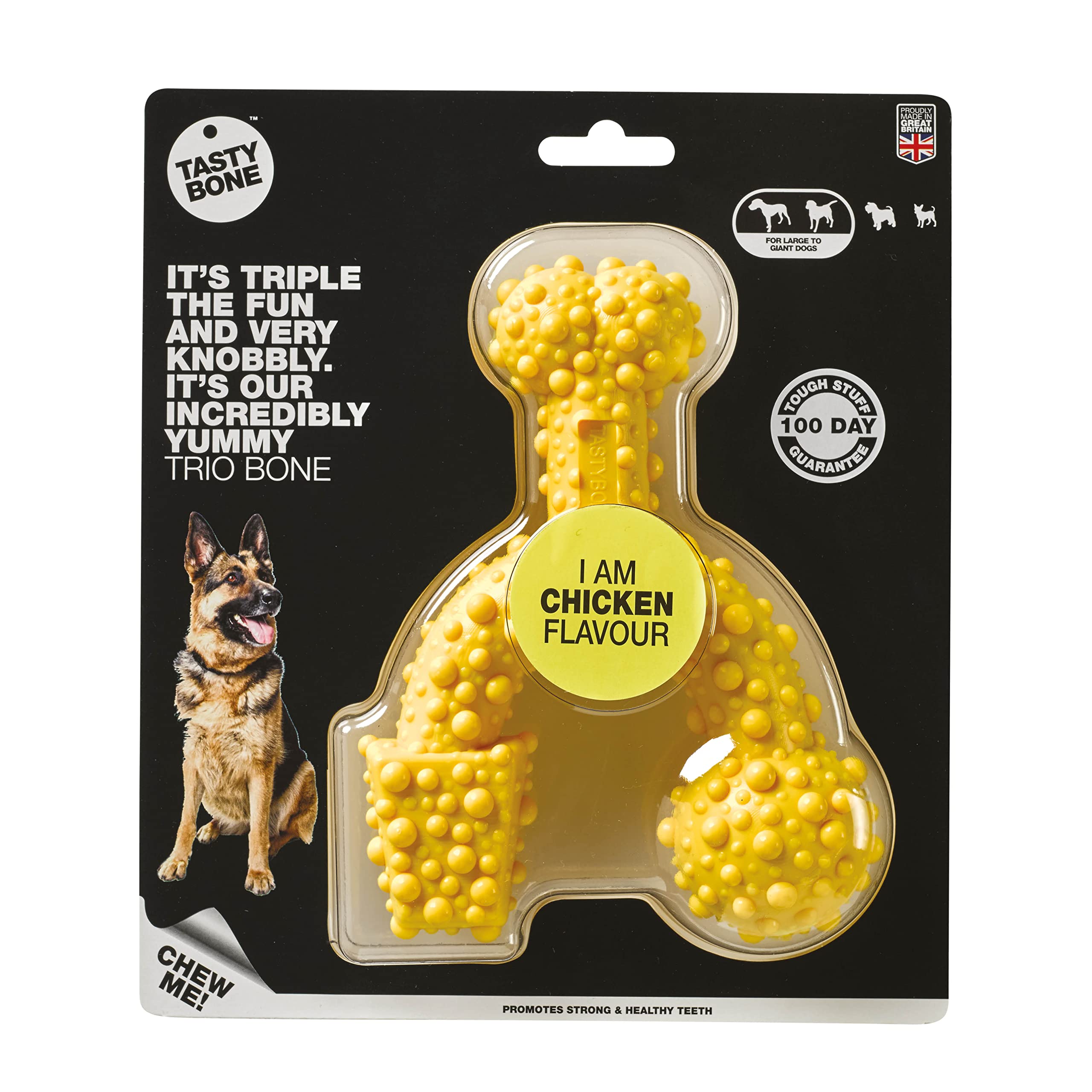TastyBone TrioBone Nylon Dog Chew Toy for Large Dogs (Chicken) - Indestructible for Aggressive Chewers, Everlasting Flavour, Strong Healthy Teeth, Made in the UK