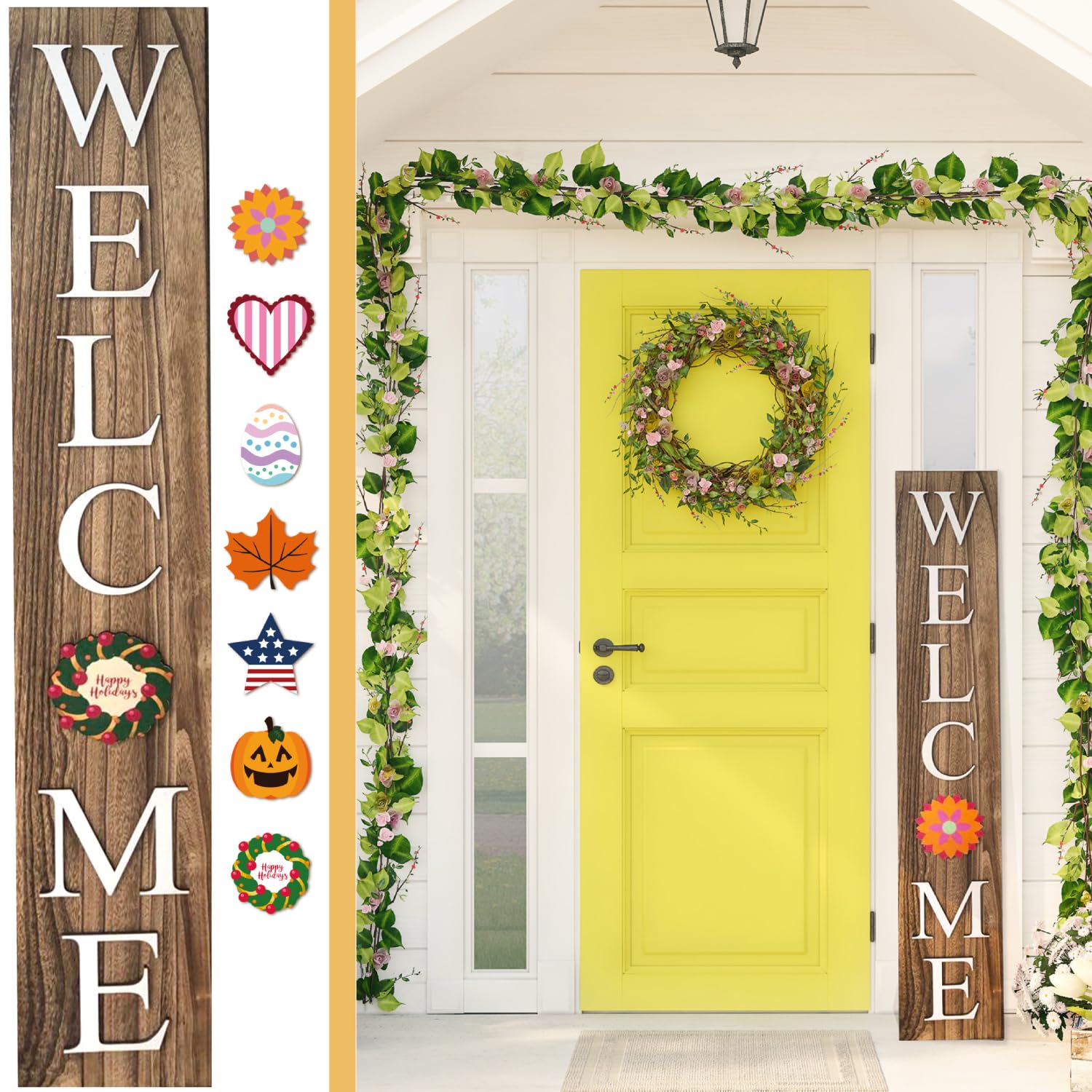Photo 1 of Extra Large 5FT Premium Wooden Interchangeable Welcome Sign for Front Door Porch Sign - 5 ft (58 x 11 Inch) 8 Magnetic Seasonal Tiles, Fall Porch Signs, Holidays and Seasons, Weather Resistance Standing welcome sign Outdoor and Indoor (Brown)
